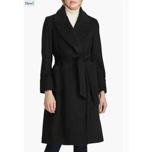 Lauren Ralph Lauren Black Wool Blend Wrap Coat Belted Collared‎ Unlined Sz 12